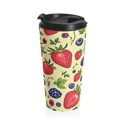 Strawberry & Berry Pattern Stainless Steel Travel Mug — Insulated Fruit Print Tumbler