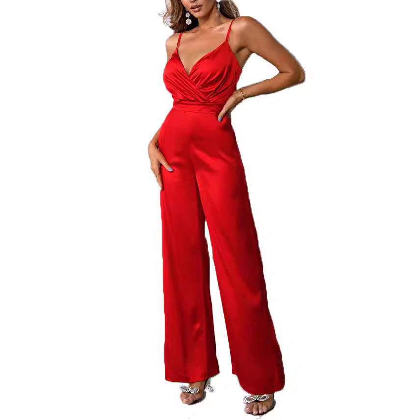 Fitted-waist Strapless Chic V-neck Wide-leg Jumpsuit