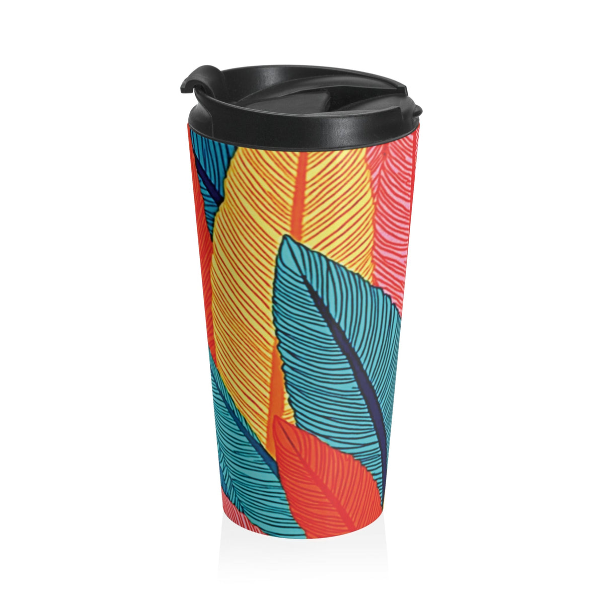 Tropical Feather Stainless Steel Travel Mug — Colorful Leaf Pattern, Insulated Coffee Tumbler