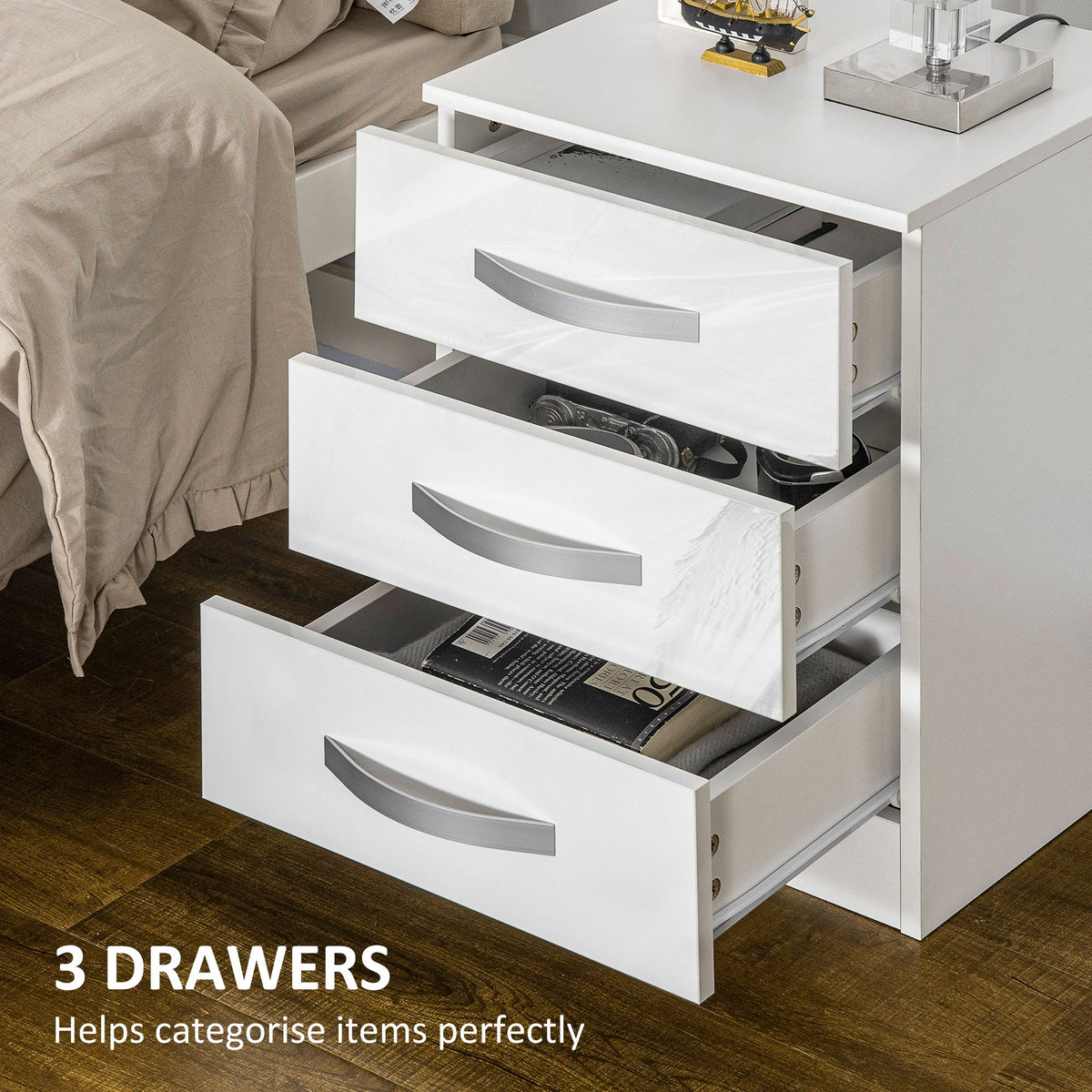 Bedside Table Set of 2, Modern Nightstand with Drawers and High Gloss Fronts, Night Table for Bedroom, Black