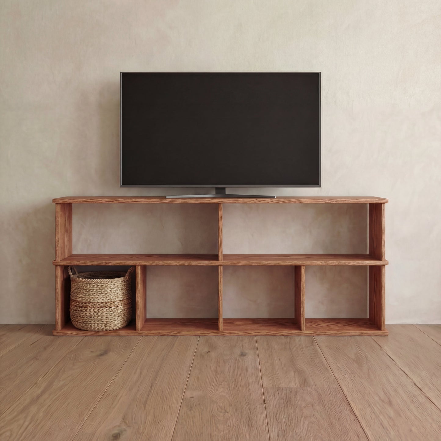 65 inch bookshelf TV stand in red oak