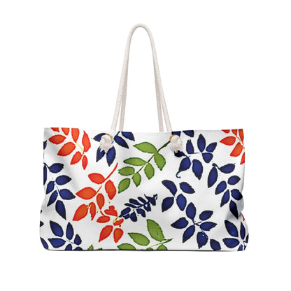 Colorful Leaf Pattern Weekender Bag | Navy Red Green Leaves, Large Tote Bag