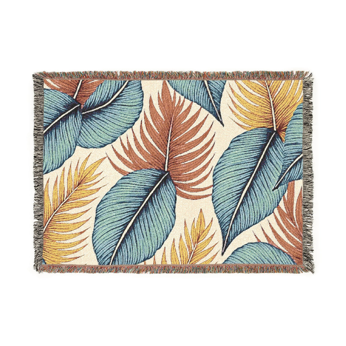 Tropical Leaf Woven Blanket — Boho Coastal Throw for Living Room & Patio