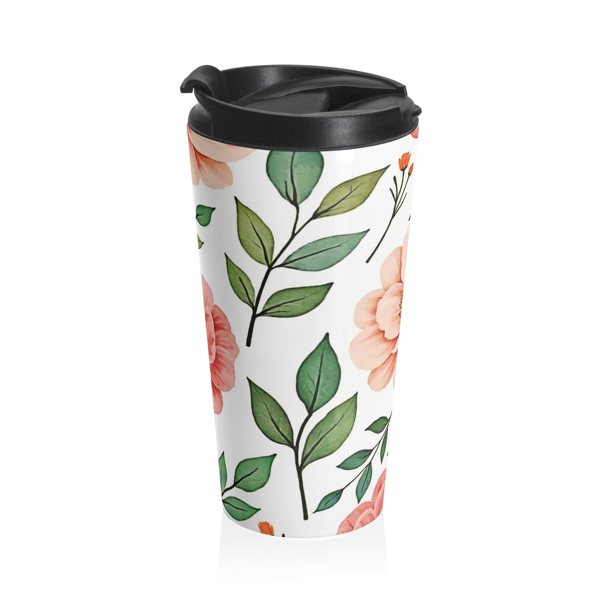 Peach Floral Pattern Stainless Steel Travel Mug | Botanical Leaves