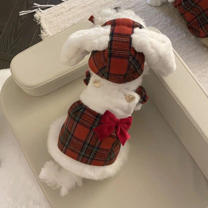 Winter Bunny Dress for Dogs – Red Plaid Dog Dress with Hat