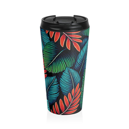 Tropical Leaf Pattern Travel Mug | Colorful Botanical Stainless Steel