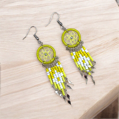 Yellow and white Beaded Dreamcatcher earrings