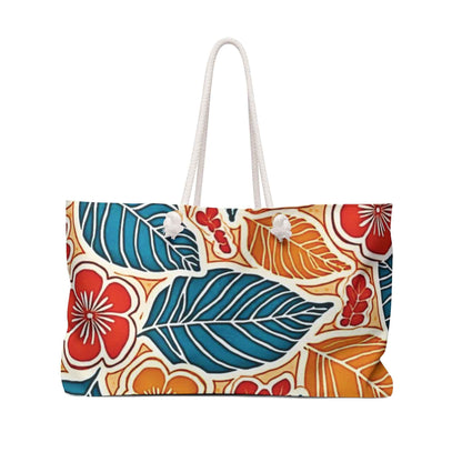 Tropical Floral Leaf Weekender Bag | Blue Orange Hibiscus Tote Bag