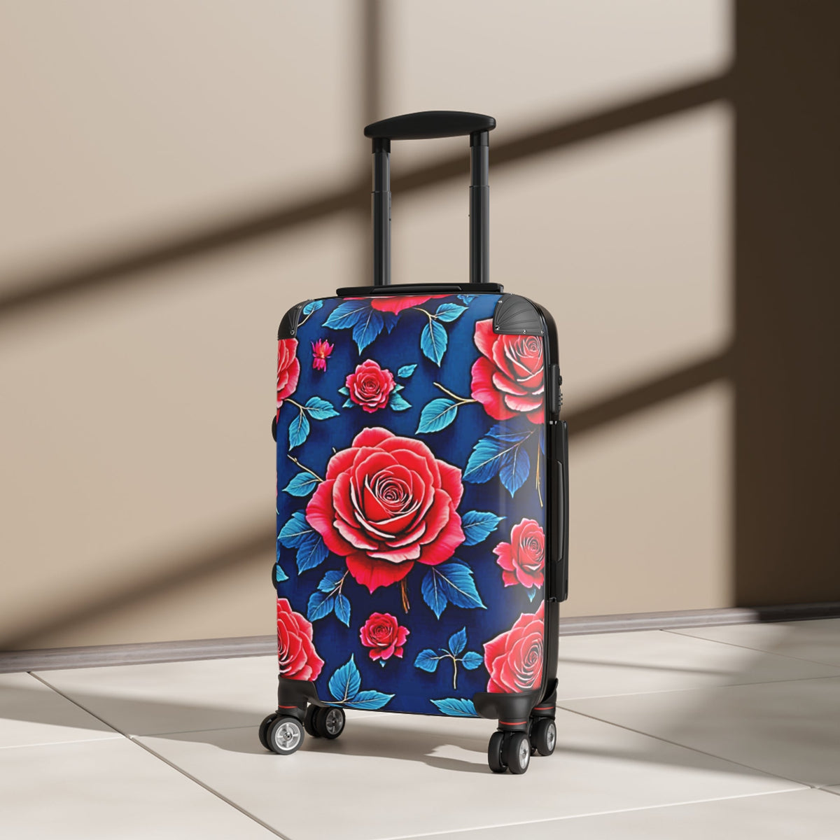 Floral Rose Carry-On Suitcase — Vibrant Red Roses on Navy Travel Luggage