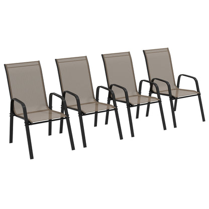 Set of 4 Outdoor Dining Chairs, Heavy Duty Stackable Patio Dining Set with Armrests for Balcony Garden, Brown and Black