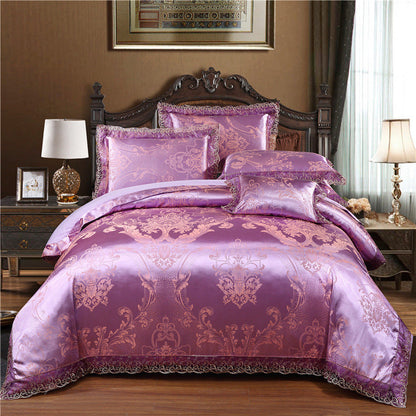 Jacquard Cotton Four‑Piece Luxury Bedding Set – Pure Cotton Duvet Cover &amp; Silk‑Satin Finish Bed Sheet