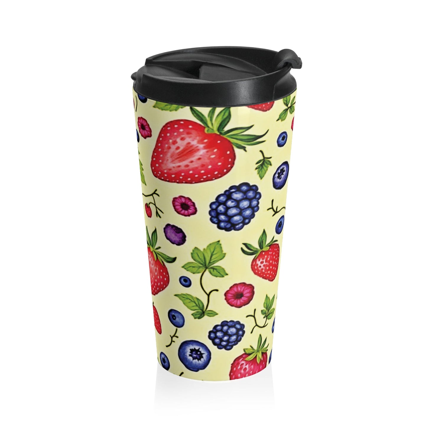 Strawberry & Berry Pattern Stainless Steel Travel Mug — Insulated Fruit Print Tumbler