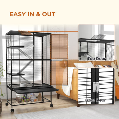 Rolling Small Animal Cage 34"H Chinchilla Cage for Ferrets, Squirrels w/ Removable Tray, Storage Shelf, Black