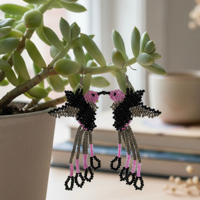 Handmade Beaded Hummingbird Earrings -& Purple and black