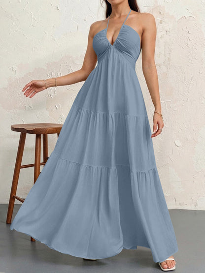 Backless Halterneck V-Neck Pleated A- Line Dress Women's Clothing One-Piece Dress Ankle-length Skirt For Beach Vacation Outfits