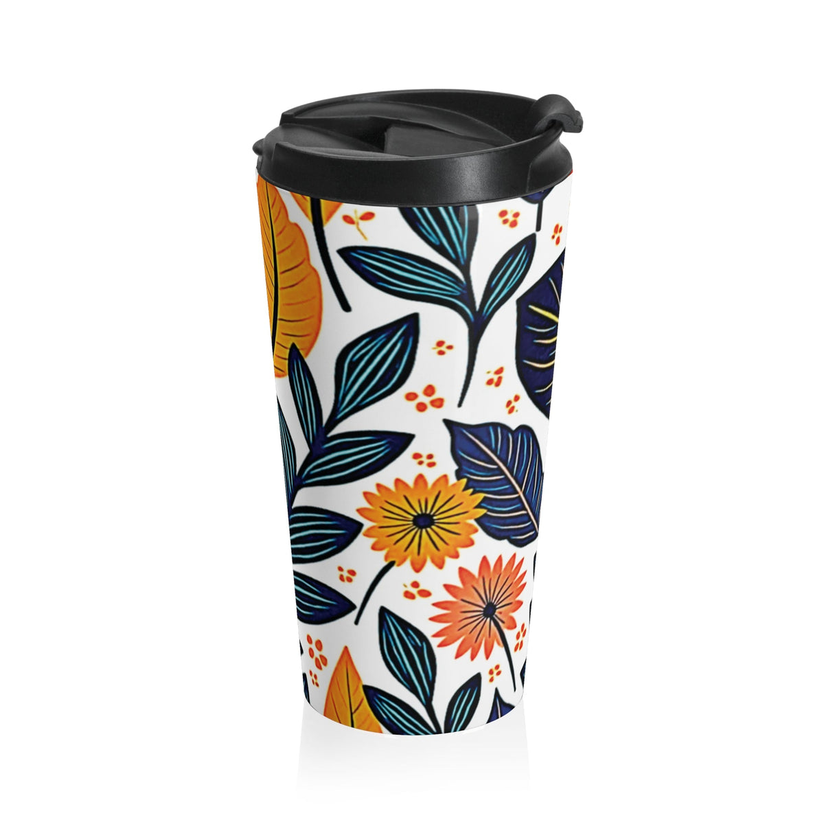 Autumn Foliage Floral Travel Mug | Orange Blue Leaf Pattern