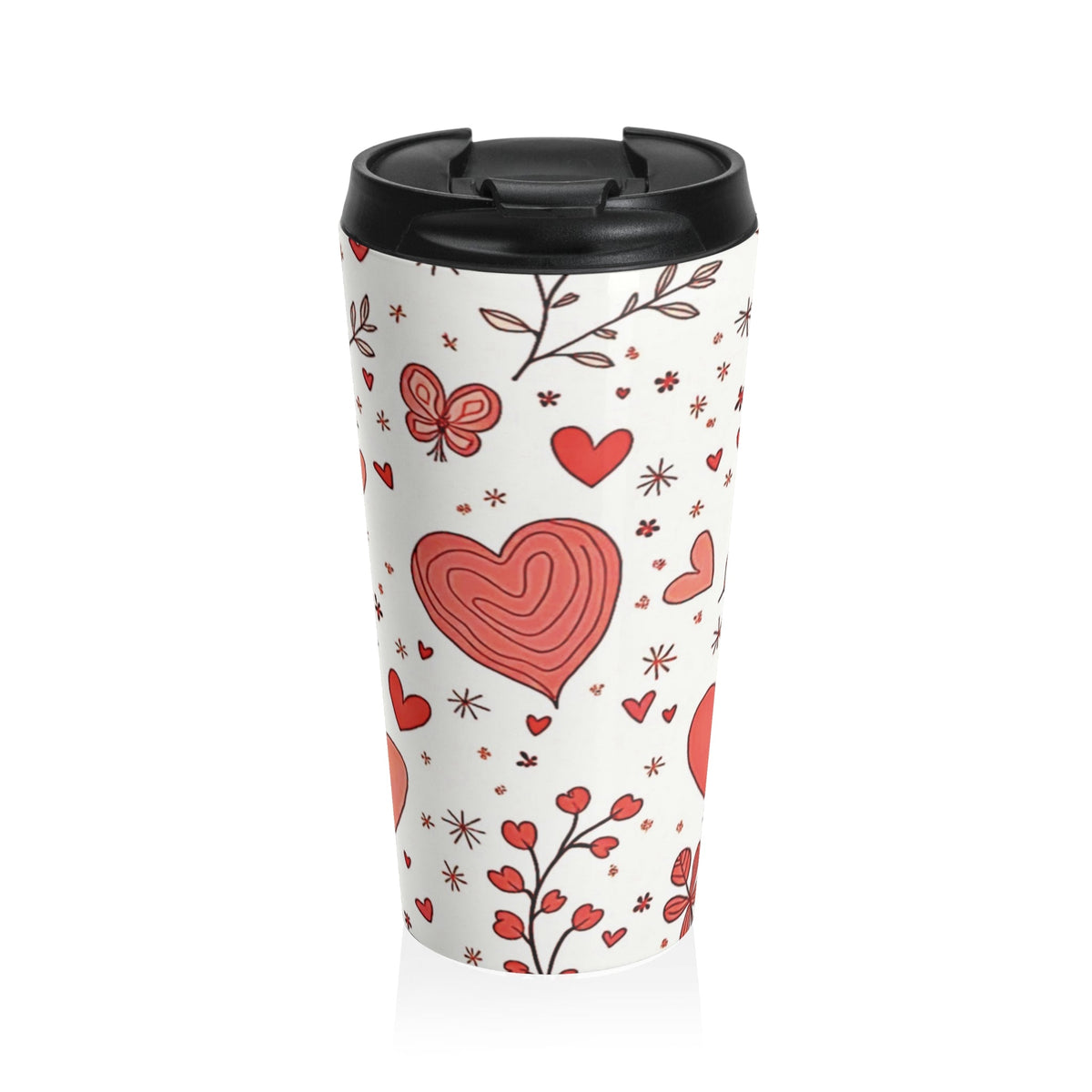 Hand-Drawn Hearts Travel Mug | Valentine Butterfly Floral Stainless Steel