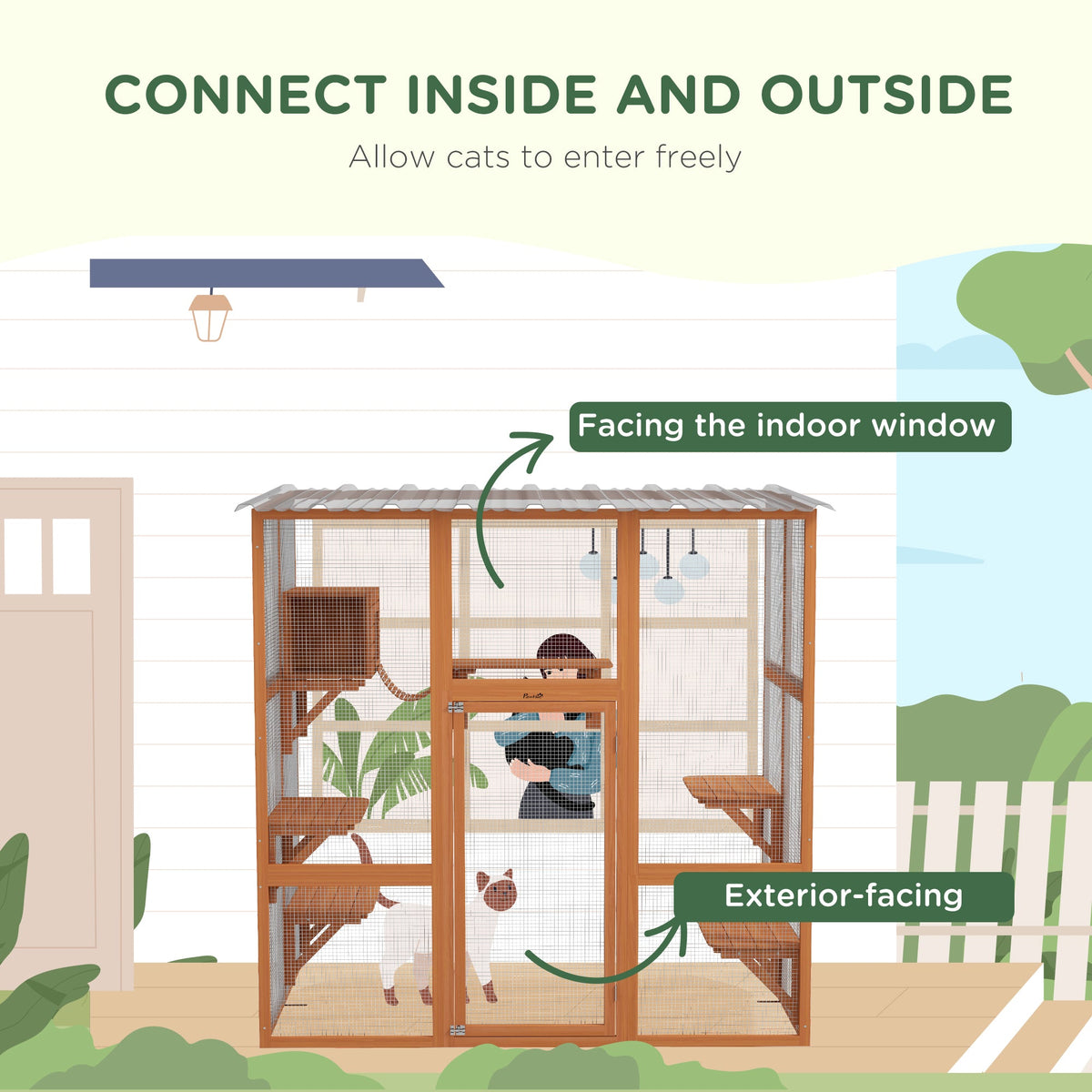 Large Outdoor Catio with Weatherproof Roof, Bridge, Resting Box, Platforms, Grey