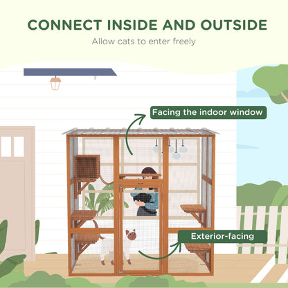 Large Outdoor Catio with Weatherproof Roof, Bridge, Resting Box, Platforms, Grey