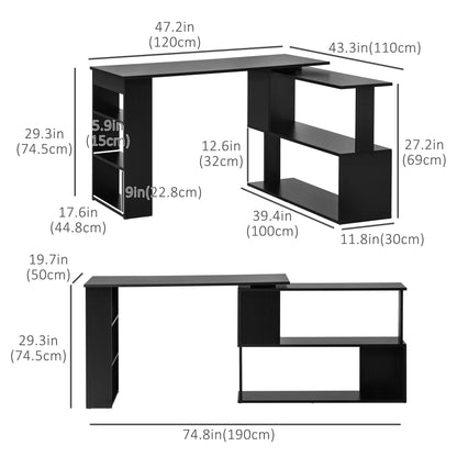 Denver L-Shaped Office Desk with 360° Rotating Corner Extension-Black