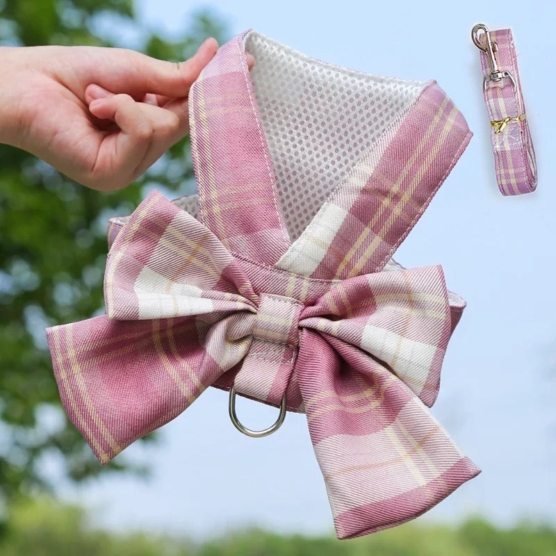 Plaid Bow Dog Harness and Leash Set | Dog Walking Outfit