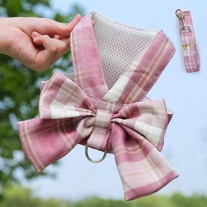 Plaid Bow Dog Harness and Leash Set | Dog Walking Outfit
