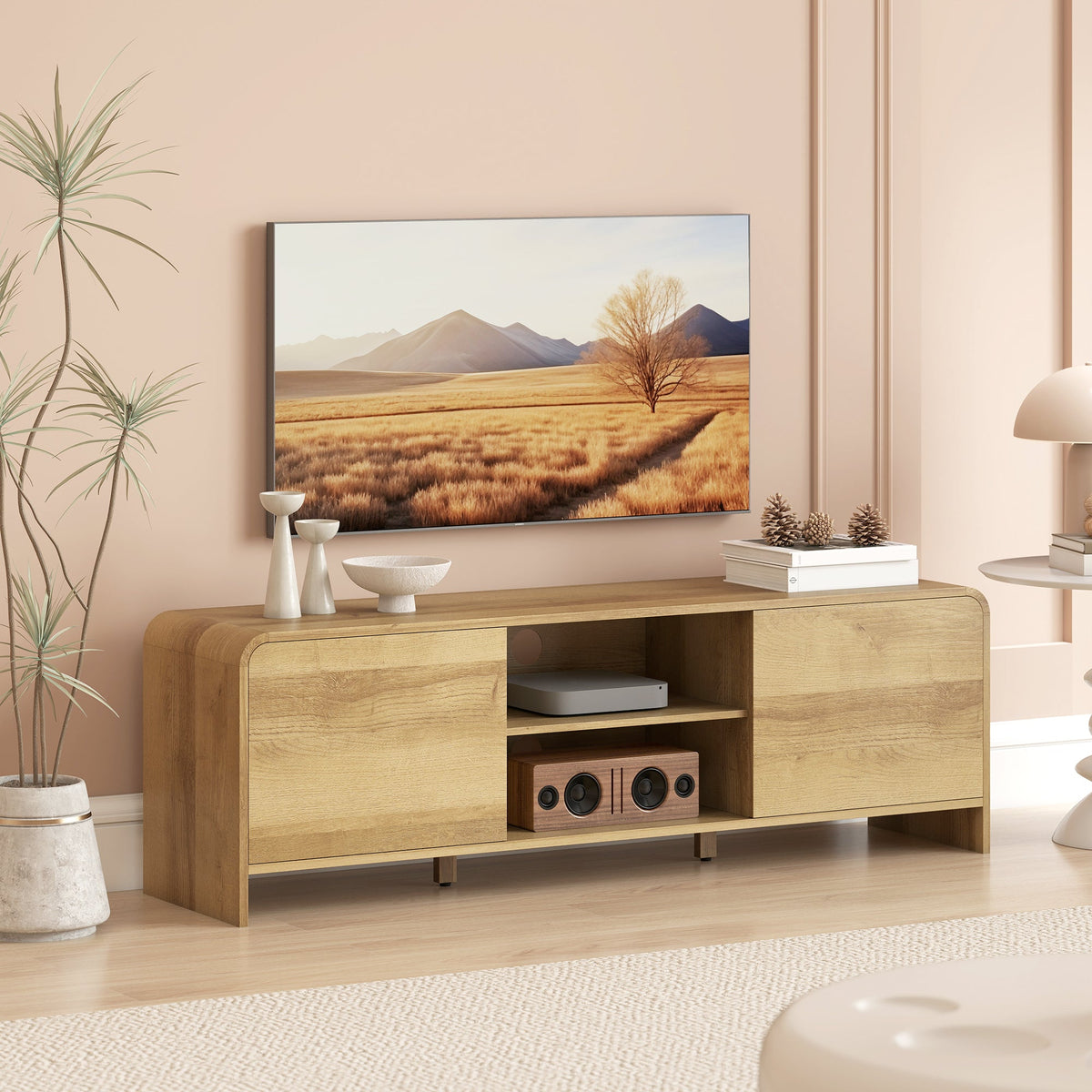 TV Stand for up to 65 Inch TV, Nordic Entertainment Center with 2 Cabinets and 2 Open Shelves for Living Room, Natural