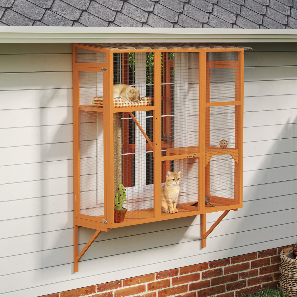 Wooden Catio Outdoor, Cat Window Box Enclosure for 2-3 Large Cats with 2 Jumping Platforms & Scratching Post, Grey