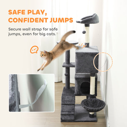 63 Inch Cat Tree with Sisal Scratching Posts, Condos, Plush Perches, Hammock, Ladder, Dangling Balls, Beige