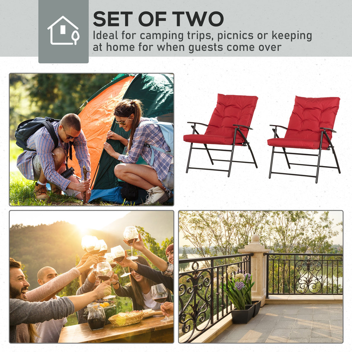 Set of 2 Outdoor Folding Chairs with Adjustable Backrest, Padded Camping Chairs for Outdoor Events, Grey