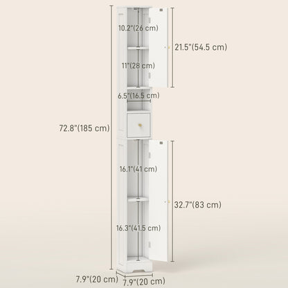 Tall Bathroom Cabinet, Modern Slim Bathroom Storage with Arched Doors, Drawer and Open Shelf, Narrow Storage, White
