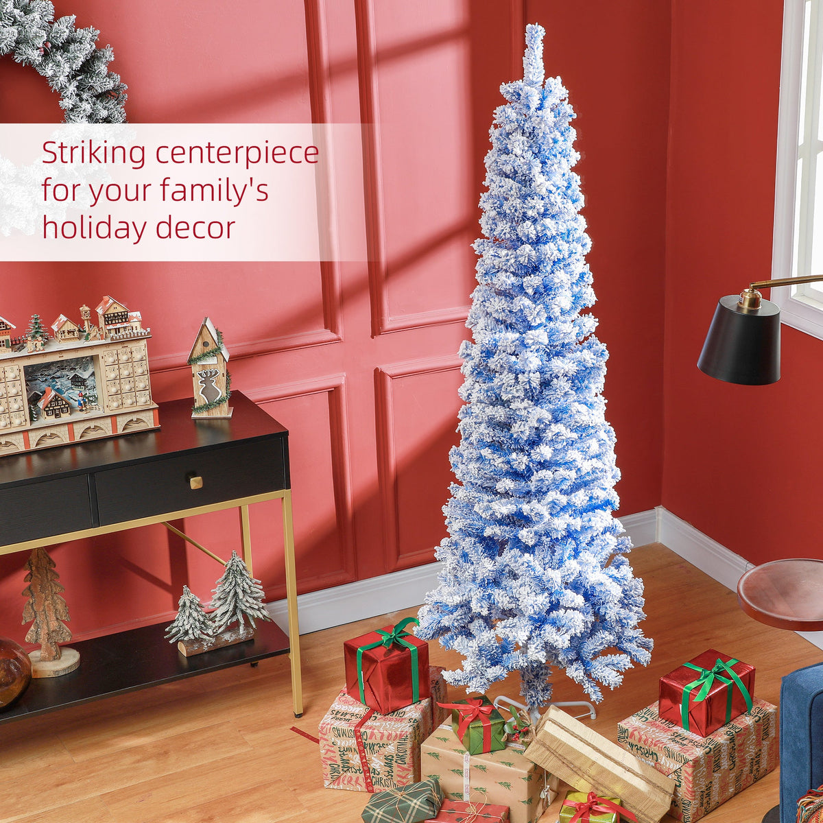 6ft Flocked Christmas Tree, Pencil Christmas Tree with Realistic Branch Tips, Folding Metal Stand, Green
