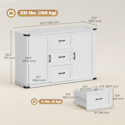 Sideboard with 3 Drawers and 2 Doors, 47" Buffet Cabinet with Adjustable Shelves for Kitchen, Black Wood Grain