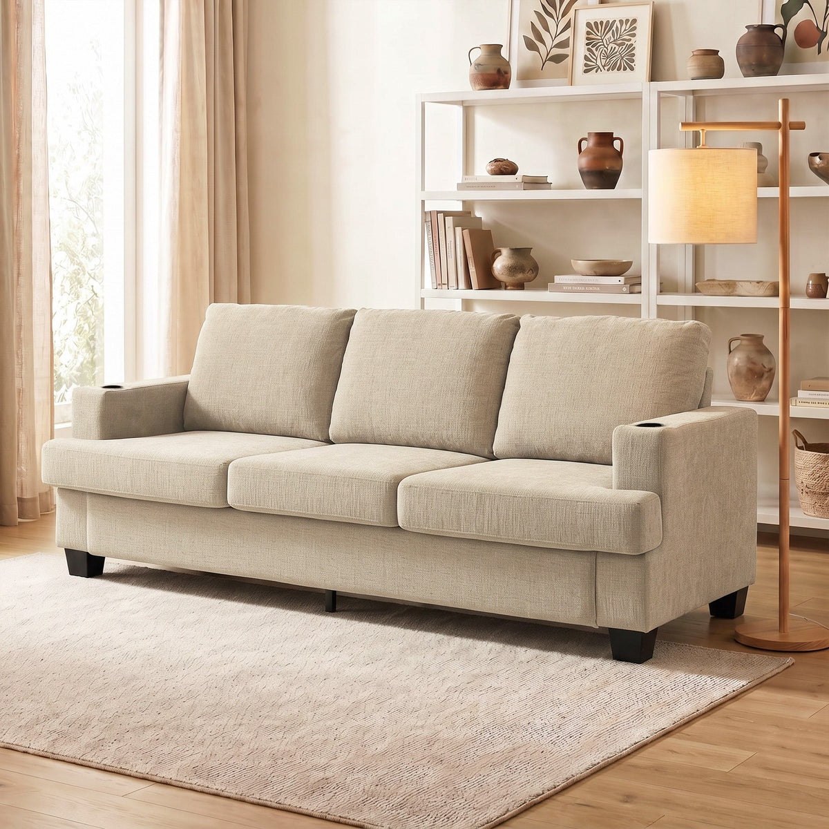 3 Seater Sofa with USB Ports & Cup Holders, Chenille-Feel Upholstered Couch for Living Room, Grey