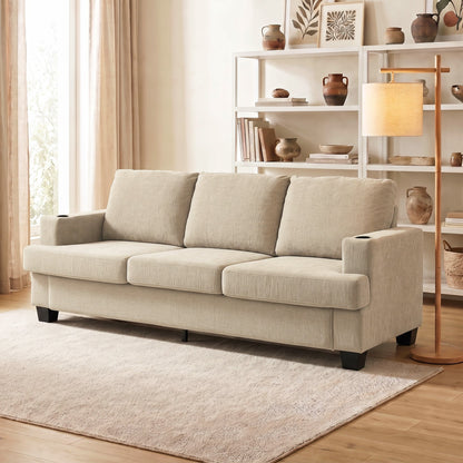 3 Seater Sofa with USB Ports & Cup Holders, Chenille-Feel Upholstered Couch for Living Room, Grey