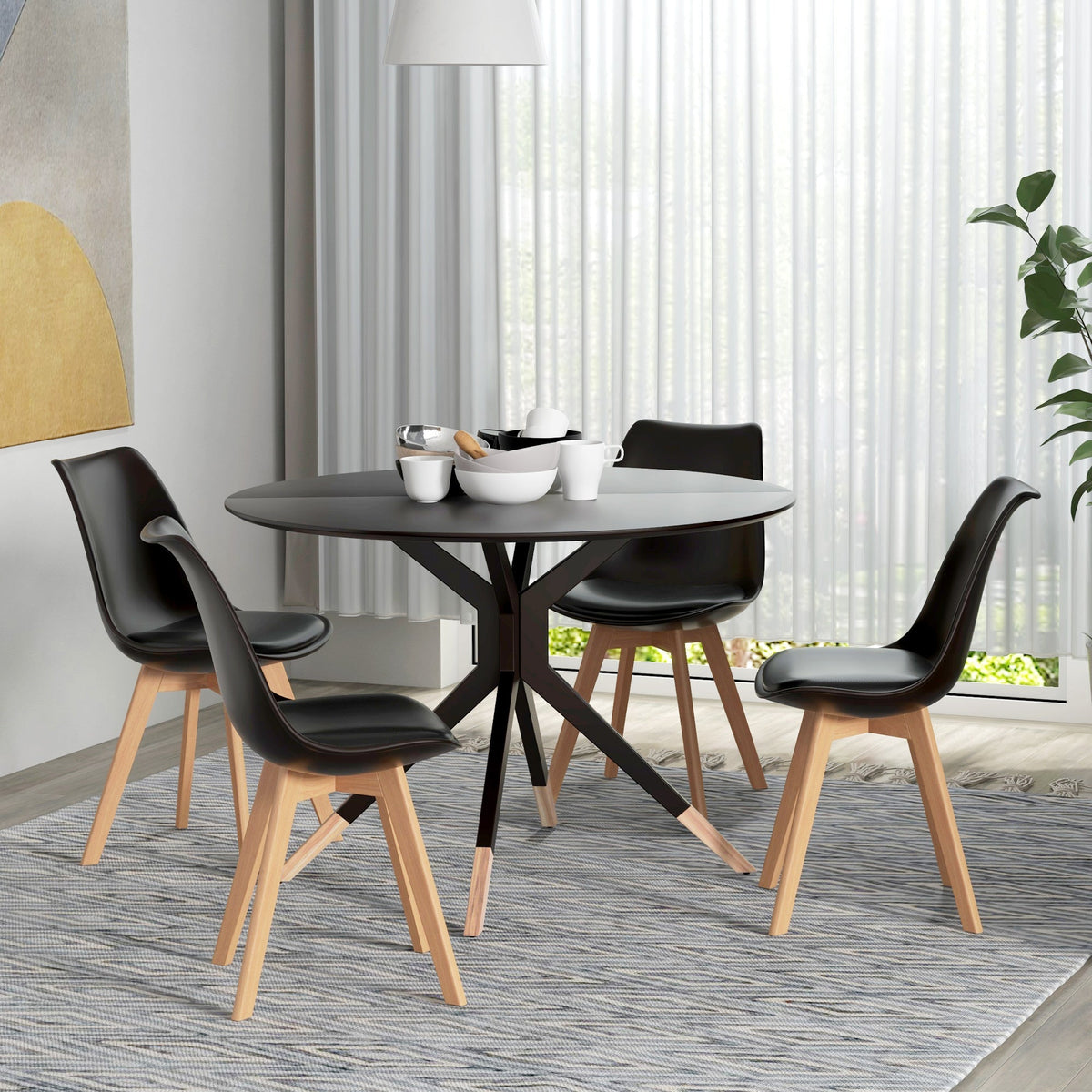Modern Dining Table Chairs Set of 4, Rubber Wood Kitchen Table Chairs with PU Leather Cushion for Living Room, Bedroom