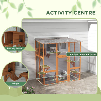Large Outdoor Catio with Weatherproof Roof, Bridge, Resting Box, Platforms, Grey