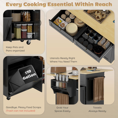 Kitchen Island Cart with Charging Station and Drop Leaf, Kitchen Island Table on Wheels with Trash Can Cabinet, Black