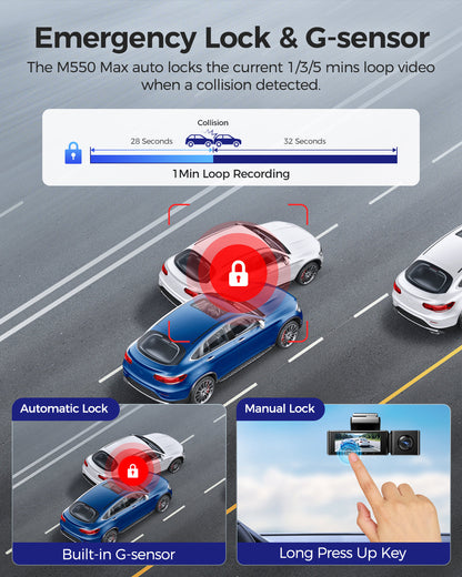 AZDOME M550 Max Dash Cam 3 Channel WiFi GPS 4K+1080P+2.5K Parking Mode 64GB Card