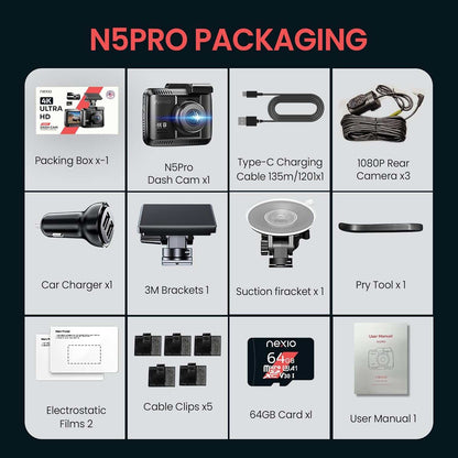 Nexio 4K Front and Rear Dash cam Sony Starvis lense WiFi GPS Builtin 64GB Inc ADAS built-in