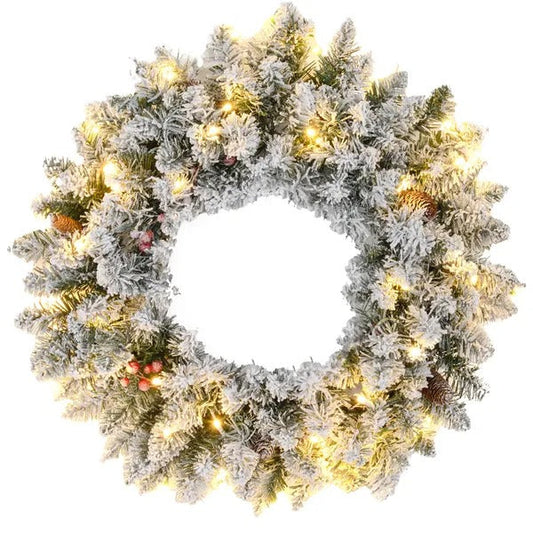 24-Inch Flocked Christmas Wreath with Lights – Green Pine Cones & Berries Holiday Decor (United States & Canada Delivery Only)