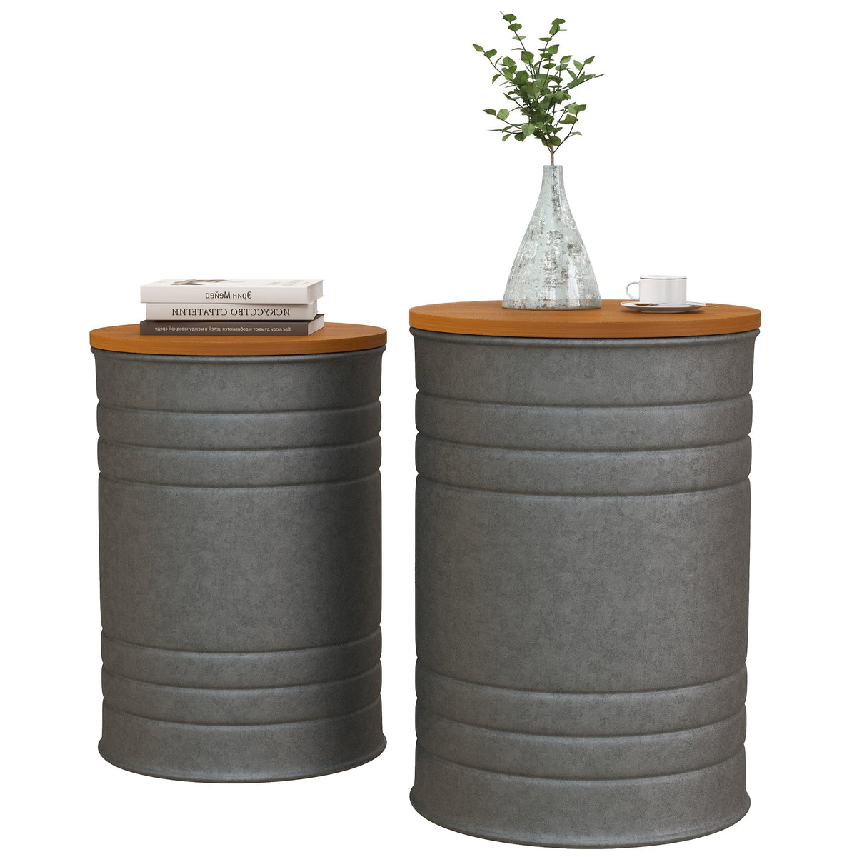 Round Side Table Set of 2, Nesting Coffee Tables w/ Wooden Lid, Metal Frame and Hidden Storage Space for Bedroom, Black