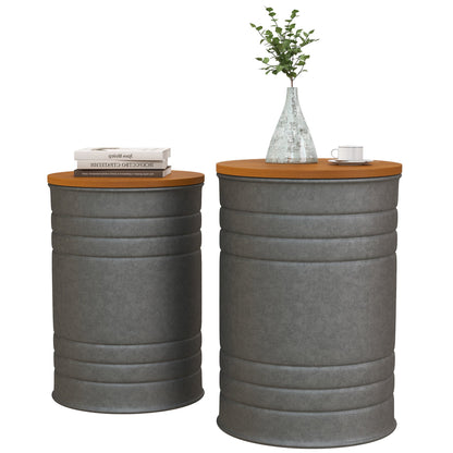 Round Side Table Set of 2, Nesting Coffee Tables w/ Wooden Lid, Metal Frame and Hidden Storage Space for Bedroom, Black