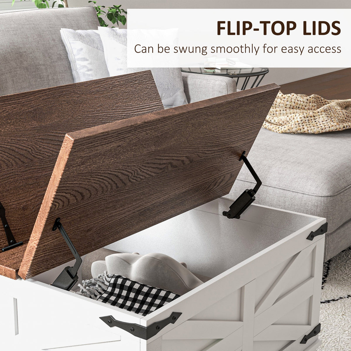 Farmhouse Coffee Table, Square Center Table with Flip-top Lids, Hidden Storage Compartment, Black