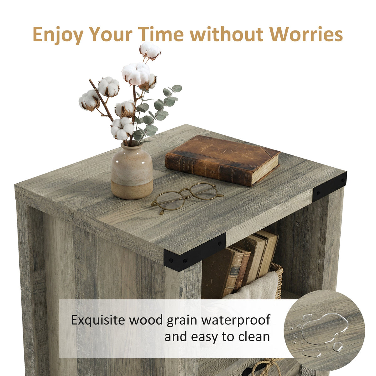 Side Table with Storage, Farmhouse End Table with Drawer, Open Shelf and Barn-style Panel, Nightstand for Living Room, Bedroom, Oak