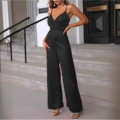 Fitted-waist Strapless Chic V-neck Wide-leg Jumpsuit