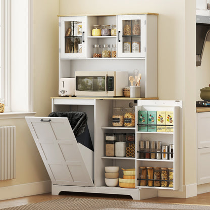 Kitchen Pantry Cabinet with Charging Station, 7 Gallon Trash Can Cabinet, Adjustable Shelves and Acrylic Doors, Black
