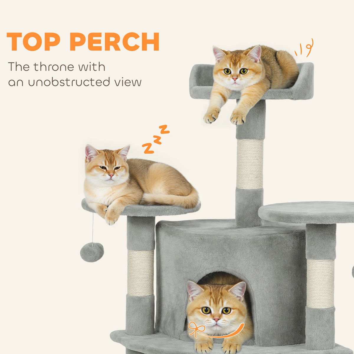 62" Cat Tree with Scratching Post, 2 Condos, Hammock, Perches, Plush, Pompoms, for Indoor Cats, Beige