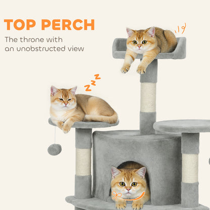 62" Cat Tree with Scratching Post, 2 Condos, Hammock, Perches, Plush, Pompoms, for Indoor Cats, Beige