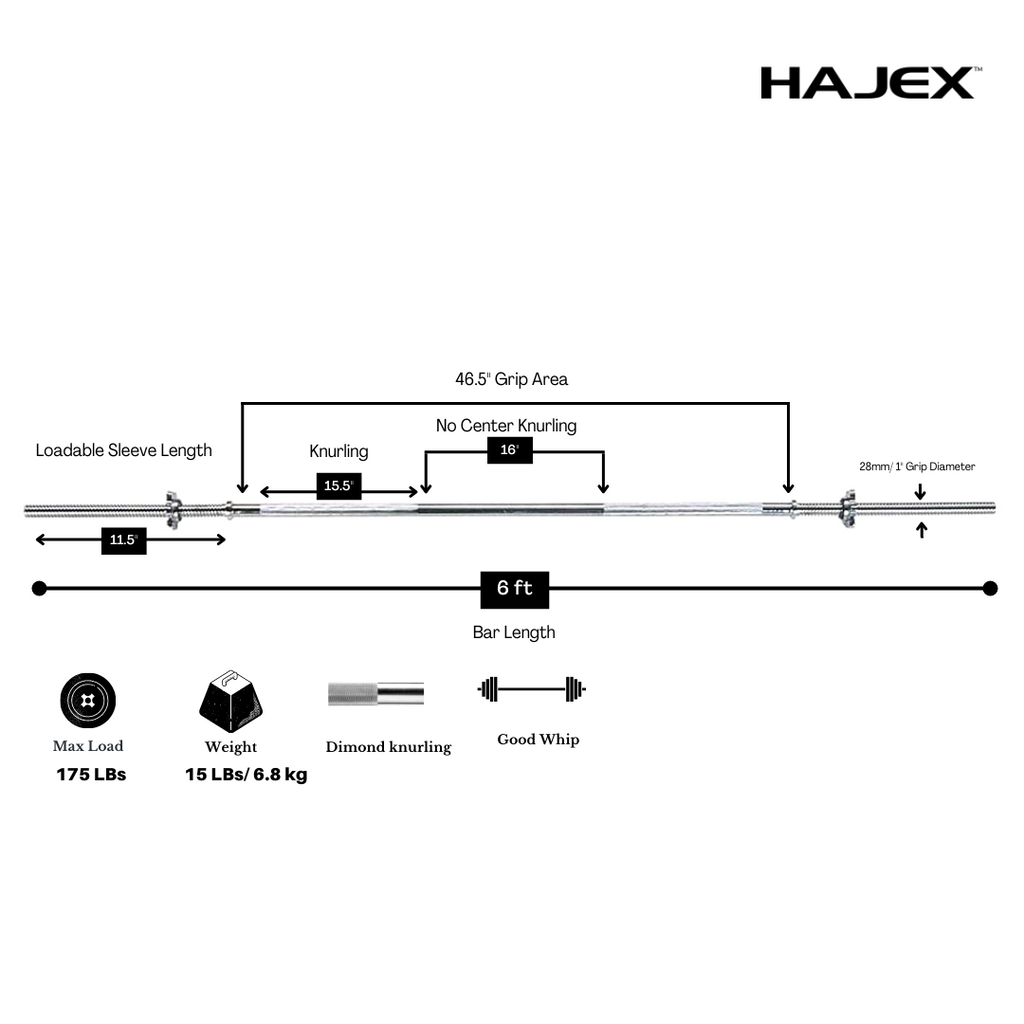 HAJEX Olympic and Standard Barbell Bars 4Ft, 5Ft, 6Ft and 7Ft